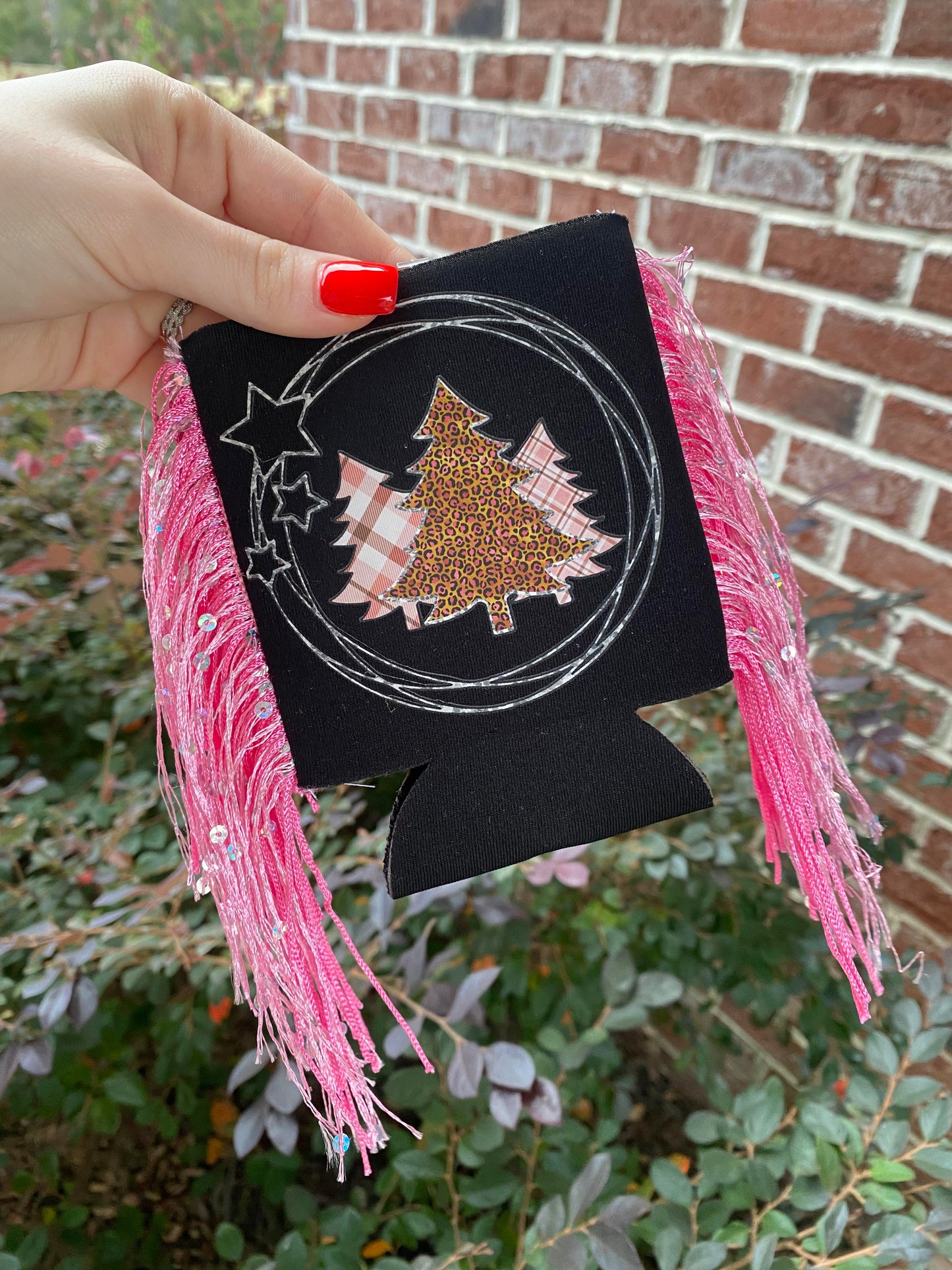 Pink Christmas Fringe Detail Koozie