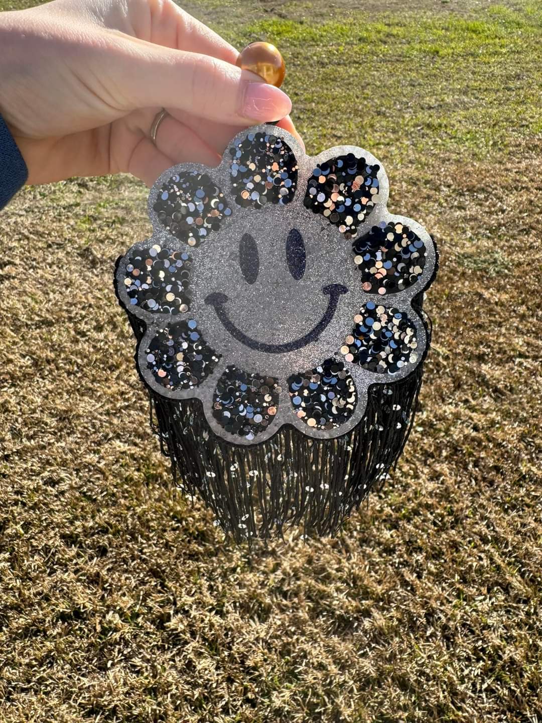 Sparkling Silver & Black Flower Smiley Face Car Freshie