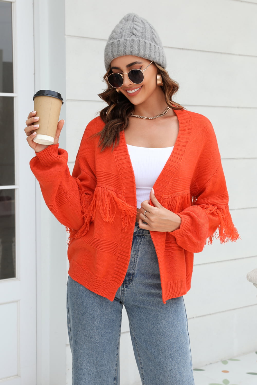 Stylish Open Front Cardigan With Fringe