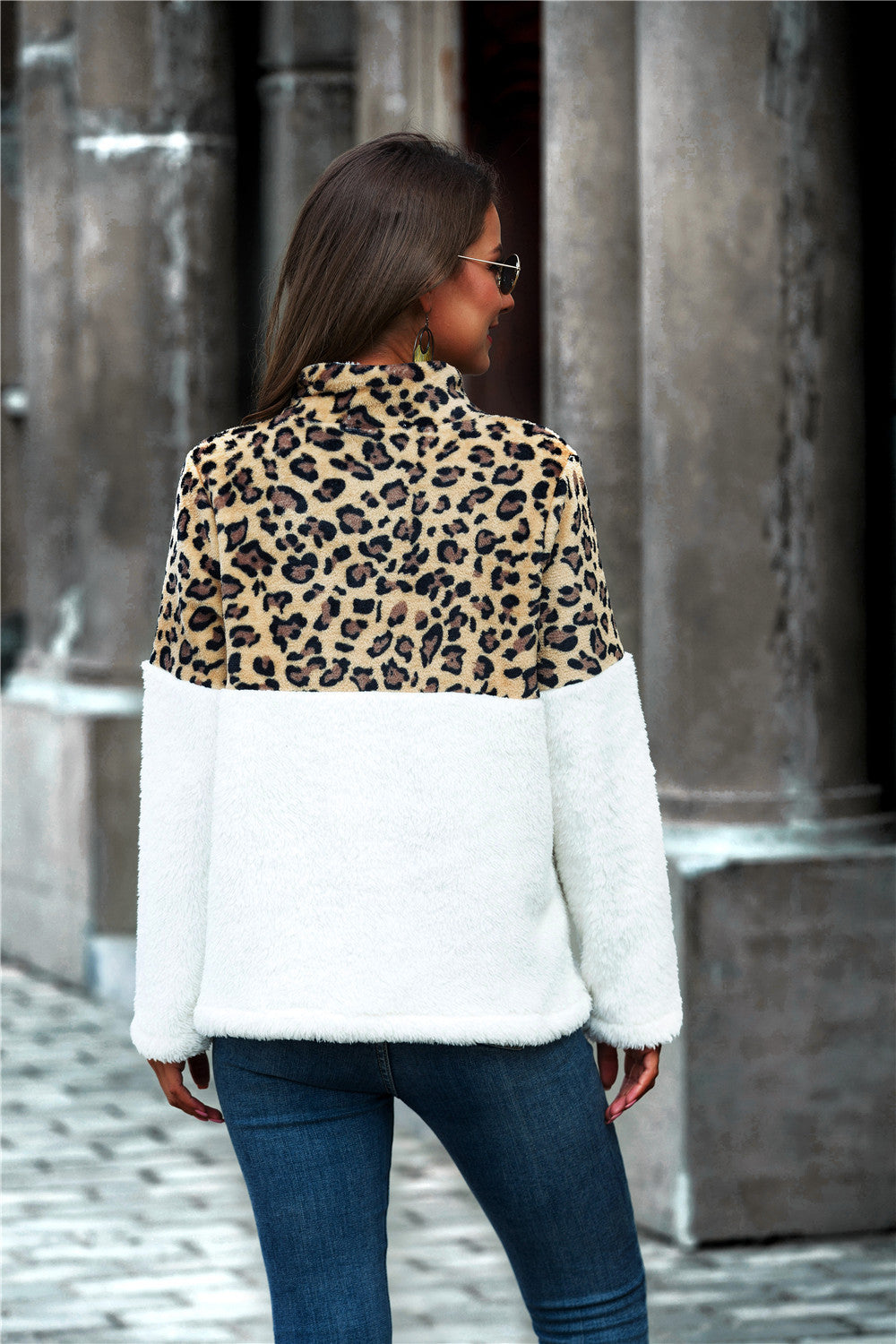 Leopard Color Block Half-Zip Collar TeddyPullover