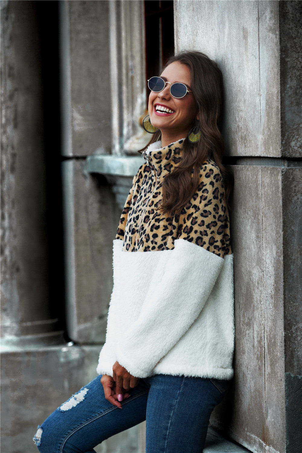 Leopard Color Block Half-Zip Collar TeddyPullover