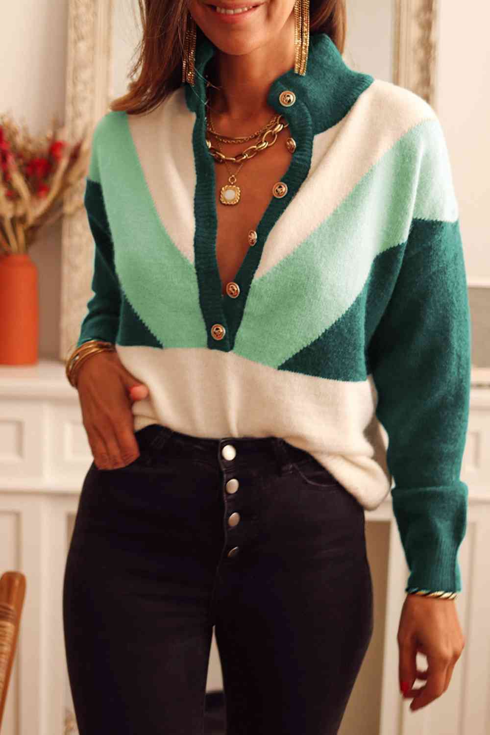 Green Color Block Buttoned Sweater