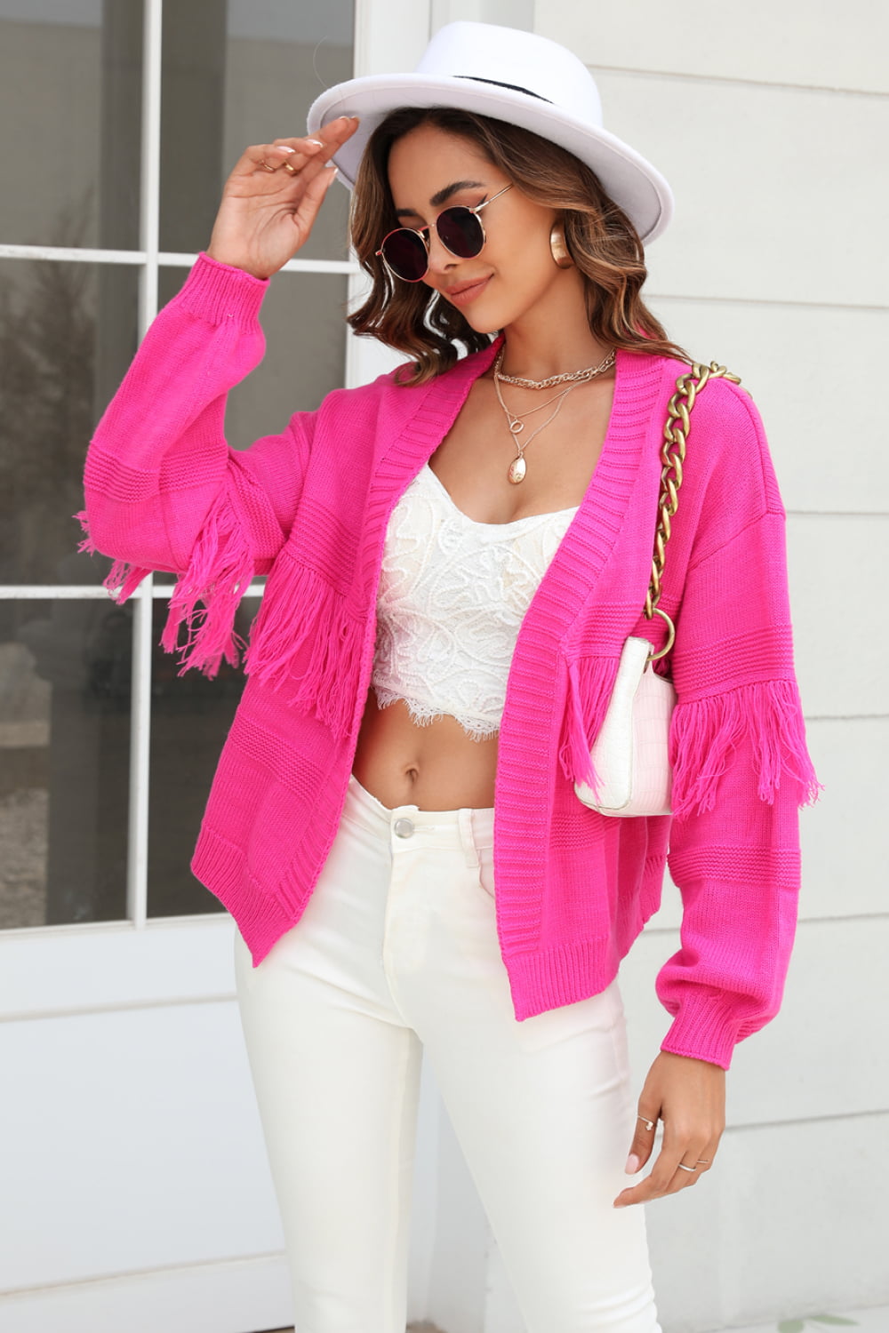 Stylish Open Front Cardigan With Fringe