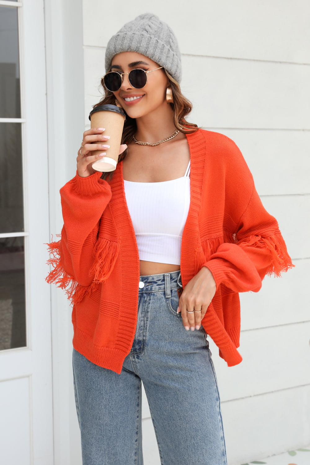 Stylish Open Front Cardigan With Fringe