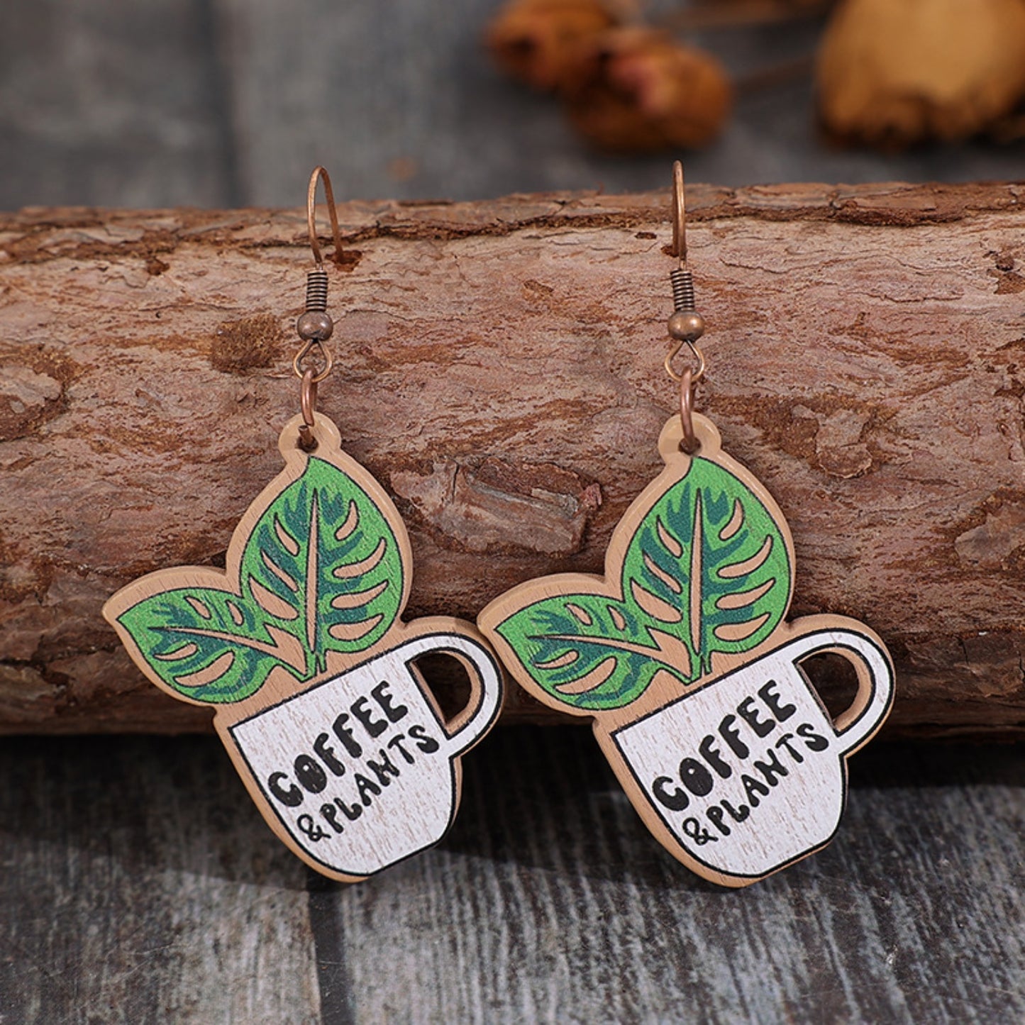 Coffee & Plants Wooden Alloy Dangle Earrings