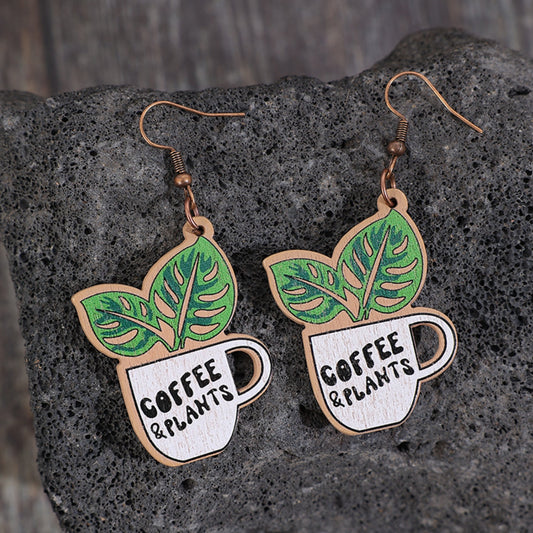 Coffee & Plants Wooden Alloy Dangle Earrings