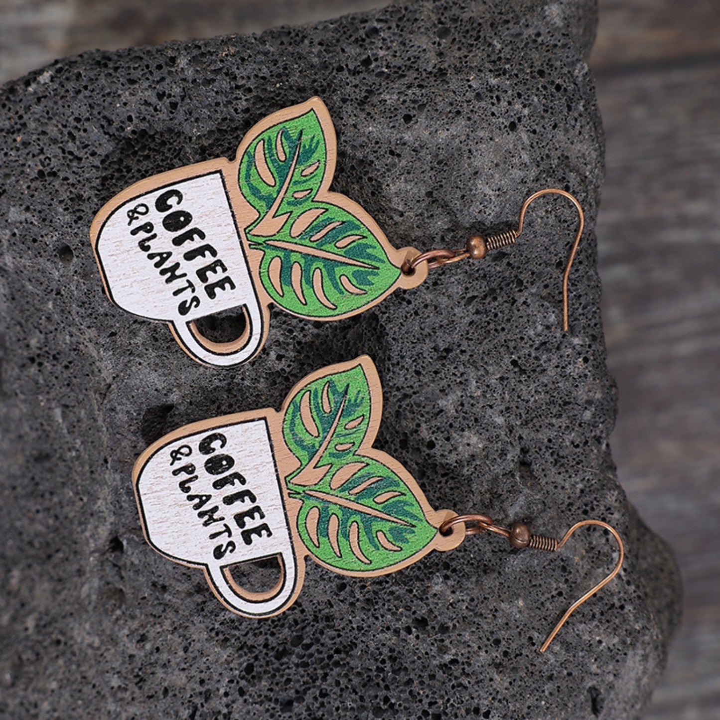 Coffee & Plants Wooden Alloy Dangle Earrings