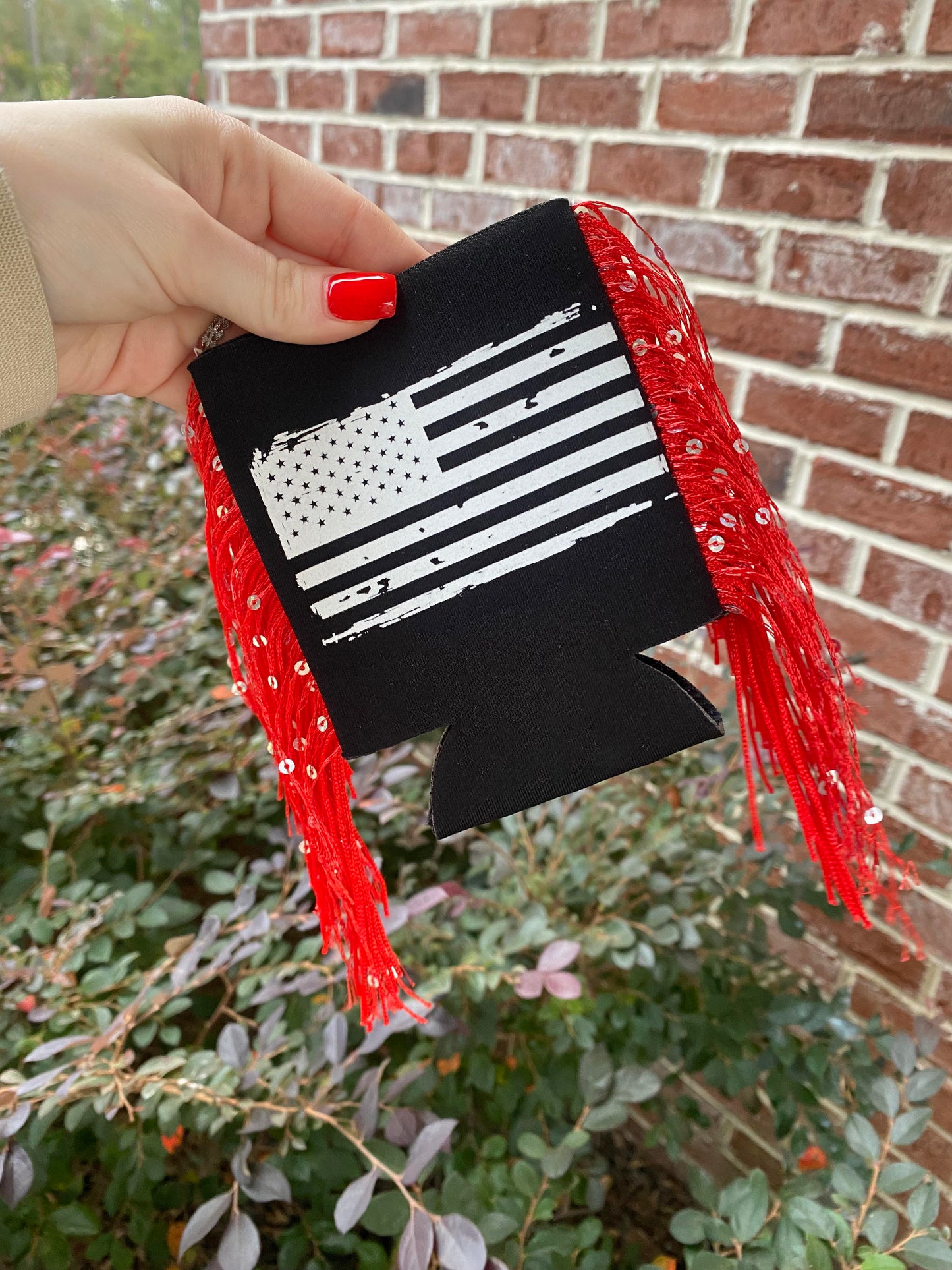 American Flag Koozie With Fringe Detail