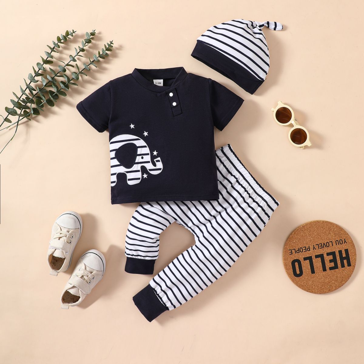 Elephant Graphic Top and Striped Pants Set