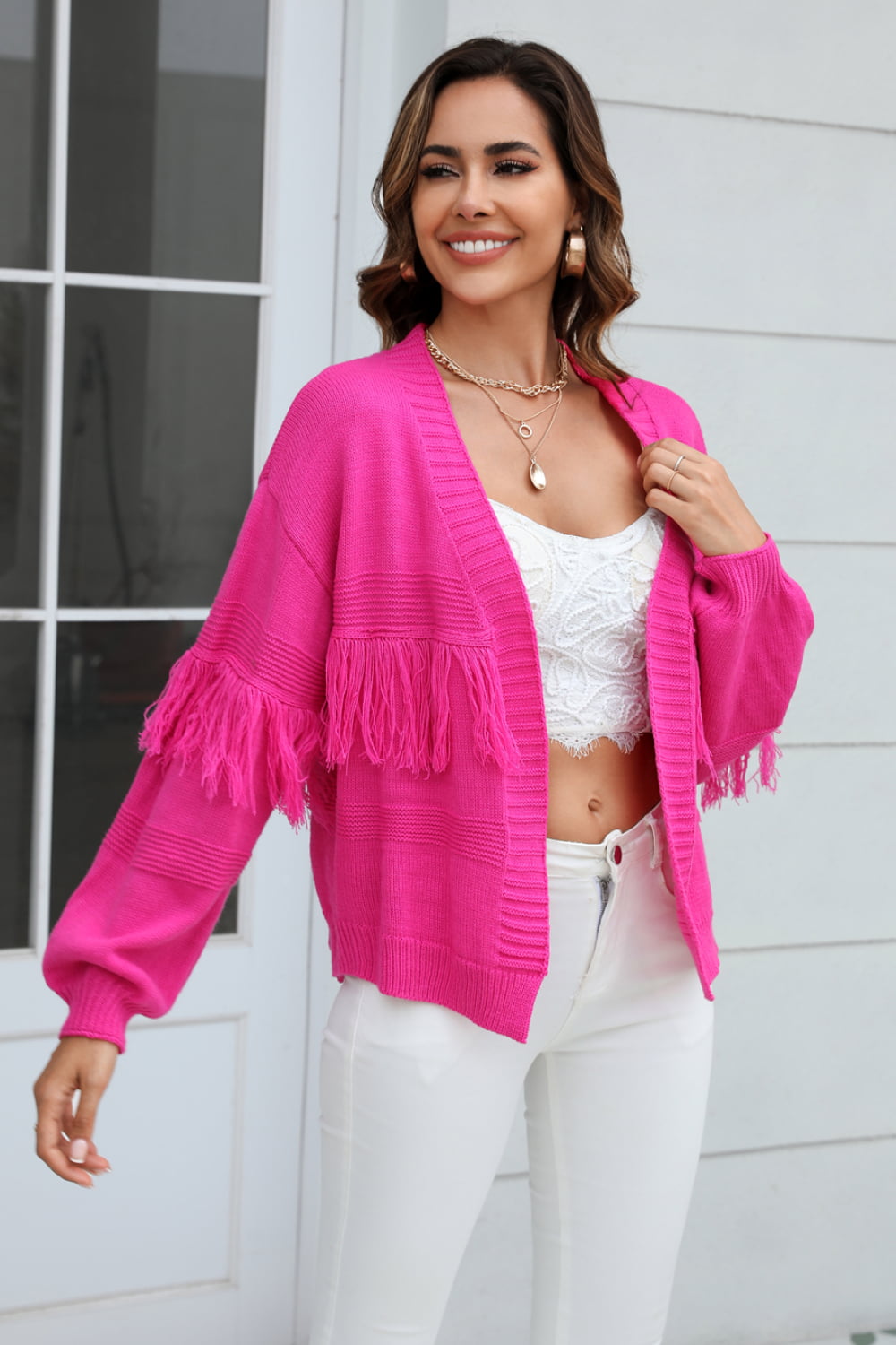 Stylish Open Front Cardigan With Fringe