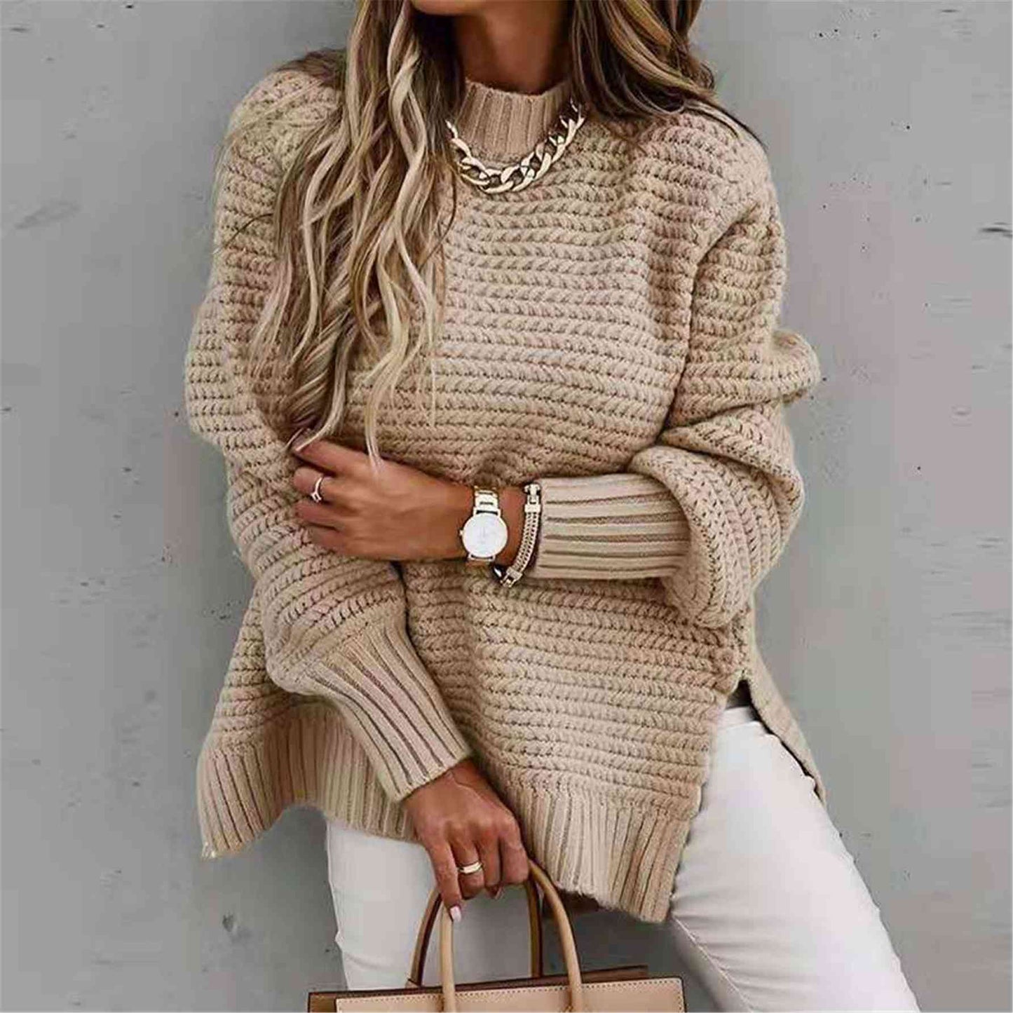 Stylish Round Neck Slit Sweater