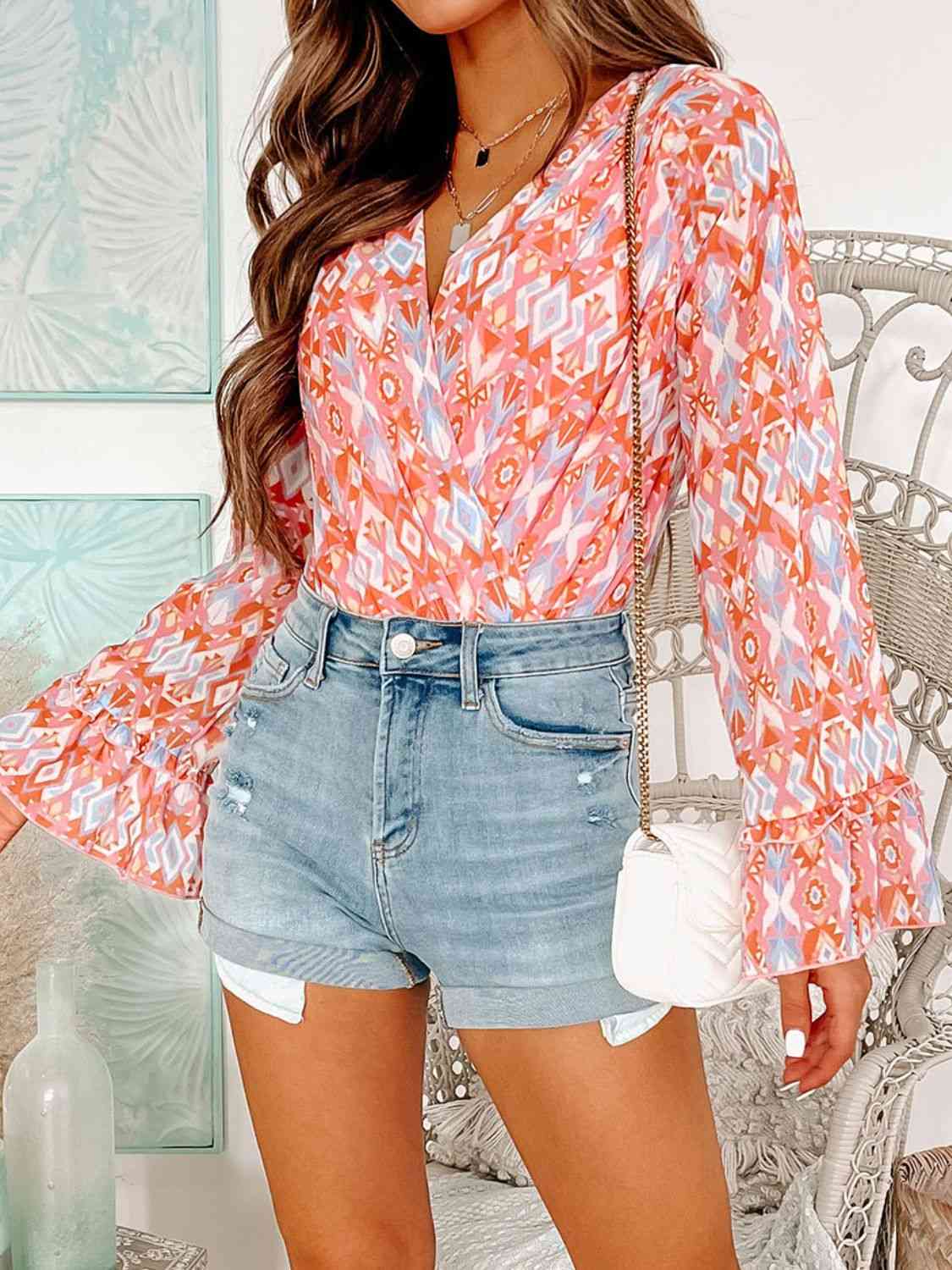 Stylish Surplice Neck Frill Trim Bodysuit