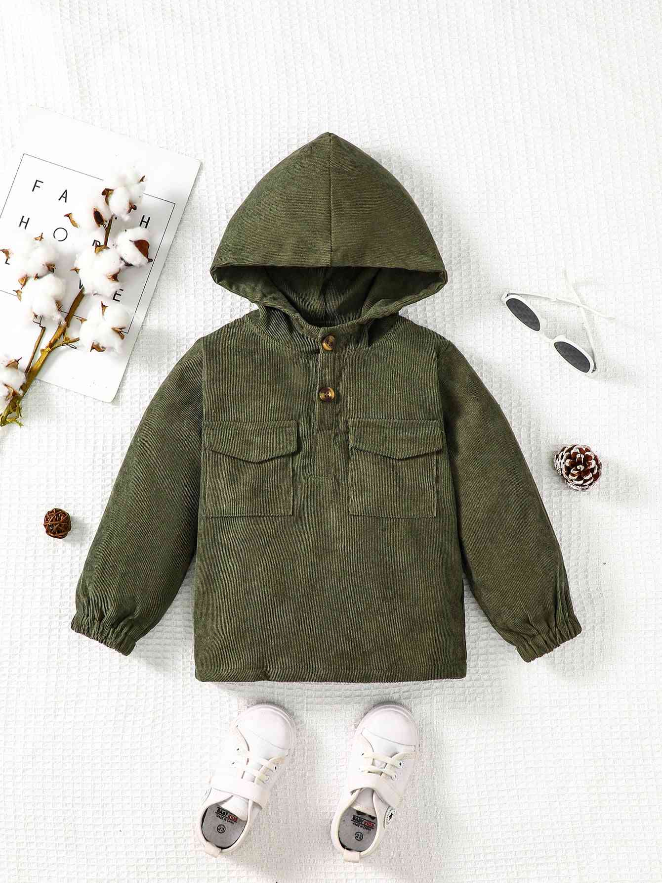 Army Green Buttoned Hoodie with Pockets