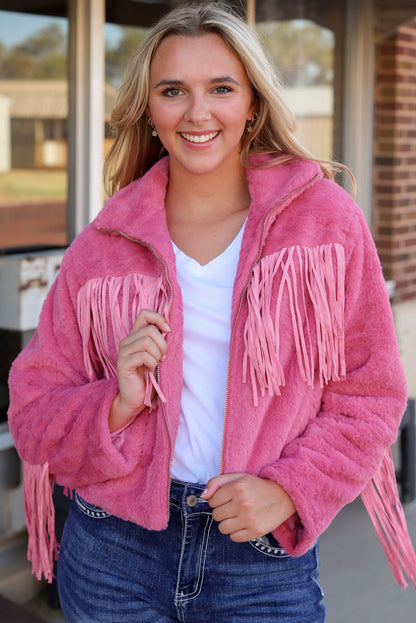 Fringe Hot Pink Zip-Up Jacket