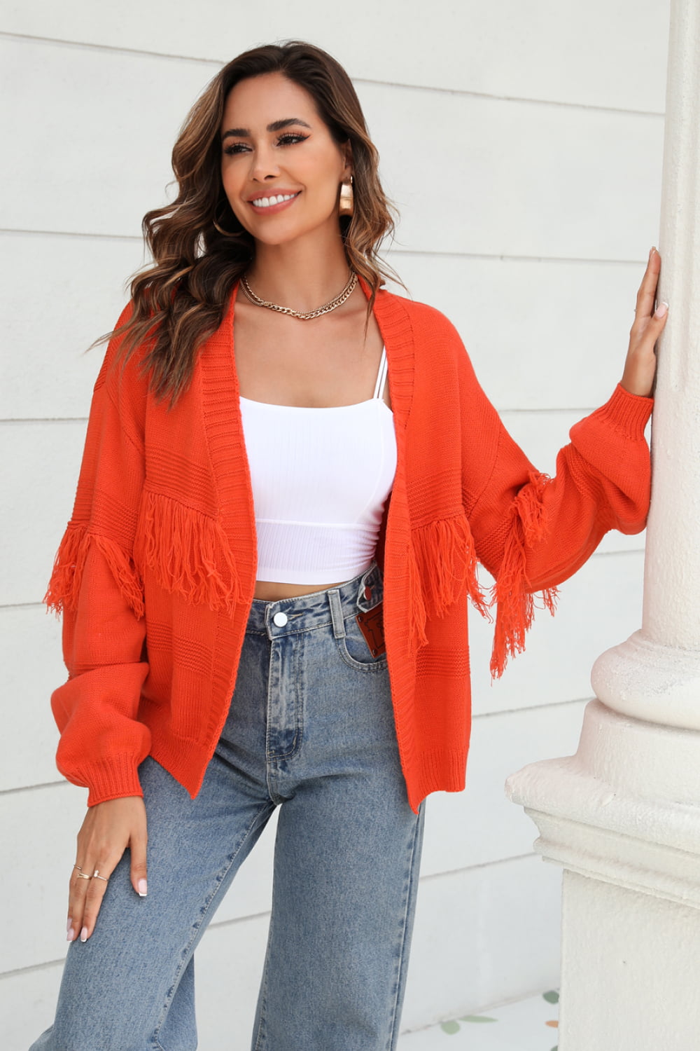 Stylish Open Front Cardigan With Fringe