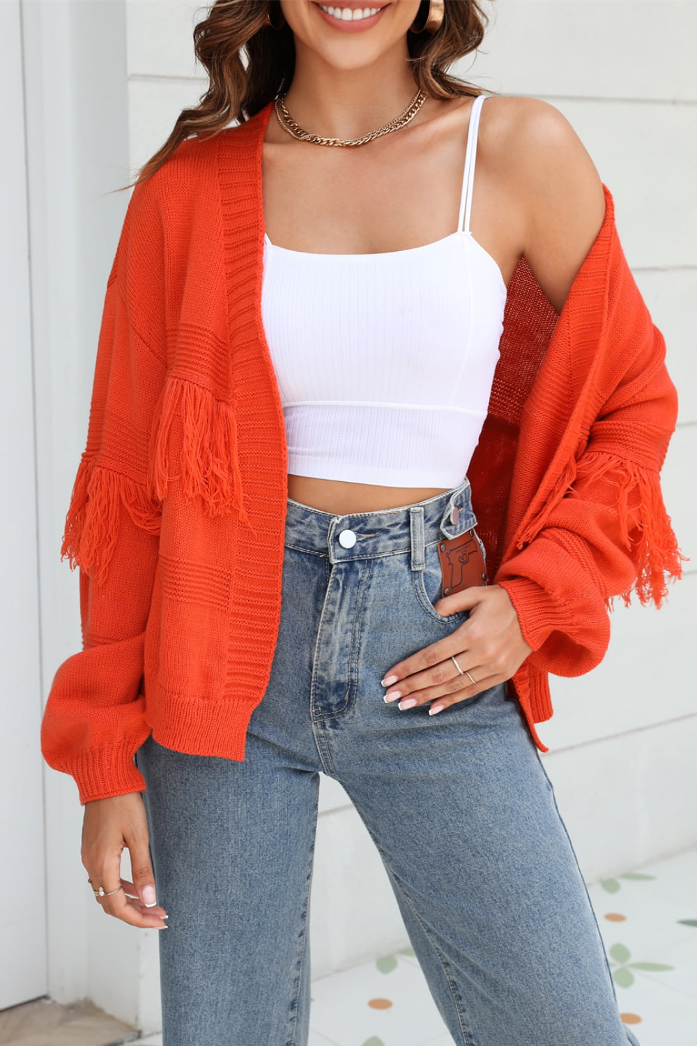 Stylish Open Front Cardigan With Fringe