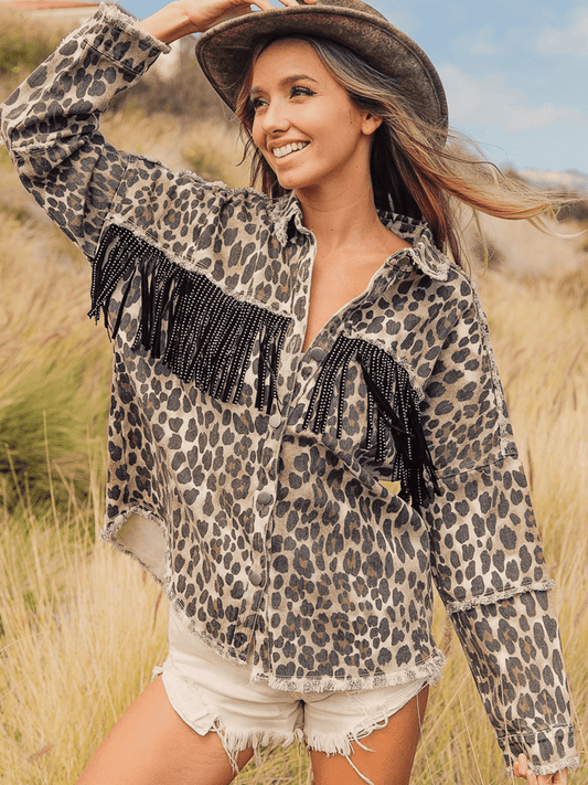 Stylish Leopard Fringe Denim Jacket