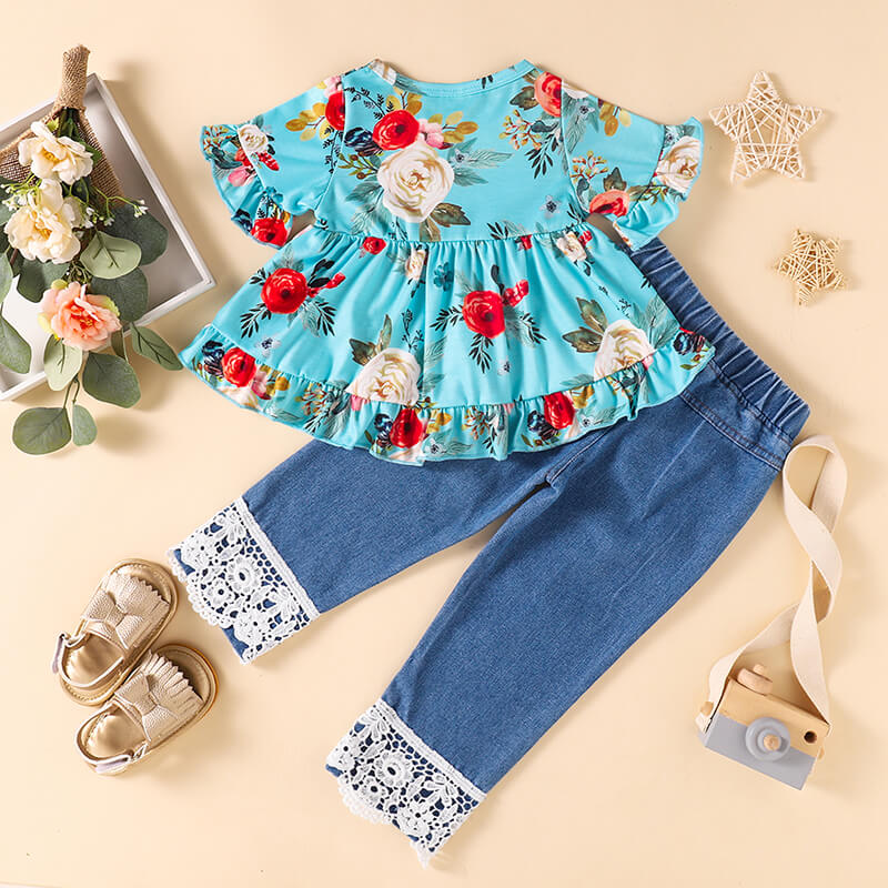 Girls Floral Top and Lace Trim Distressed Jeans Set